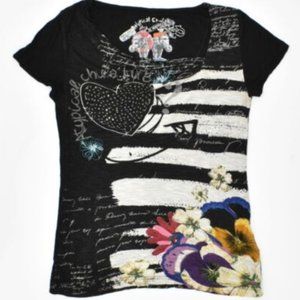 GUC DESIGUAL Womens T-Shirt Top US 8 Small Black Viscose Flower